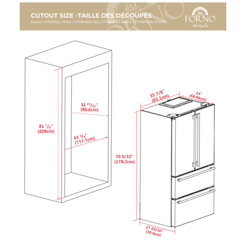 Forno Espresso Moena 36-inch French Door Refrigerator in Black, 19.2 cu.ft with Ice Maker