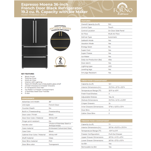 Forno Espresso Moena 36-inch French Door Refrigerator in Black, 19.2 cu.ft with Ice Maker