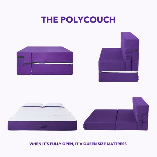 Matelas et sofa pliants en mousse à mémoire PolyCouch de Polysleep – pour invités, sous-sols, dortoirs de collège, salon ou chambre d'enfant – Gris,