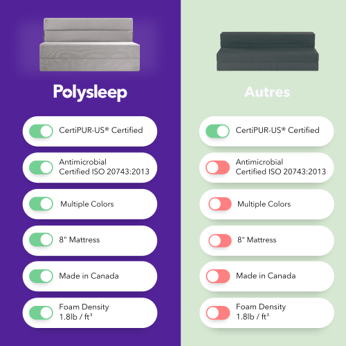 Matelas et sofa pliants en mousse à mémoire PolyCouch de Polysleep – pour invités, sous-sols, dortoirs de collège, salon ou chambre d'enfant – Beige,