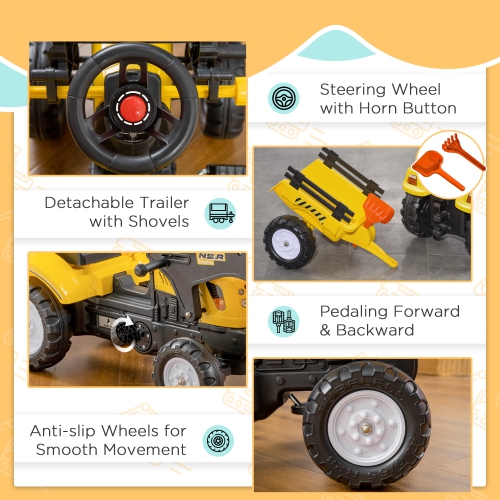 Aosom Ride on Excavator, Pedal Ride on Tractor with Controllable Bucket, Back Trailer, Pretend Play Construction Car for Kids & Toddlers, 3-6 Years