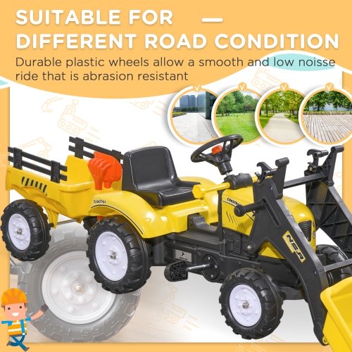 Aosom Ride on Excavator, Pedal Ride on Tractor with Controllable Bucket, Back Trailer, Pretend Play Construction Car for Kids & Toddlers, 3-6 Years