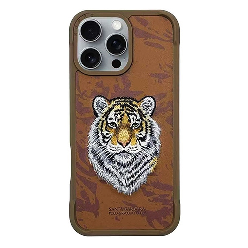 Santa Barbara Savanna Series Embroidered Tiger Leather Case for iPhone 16 Pro Max