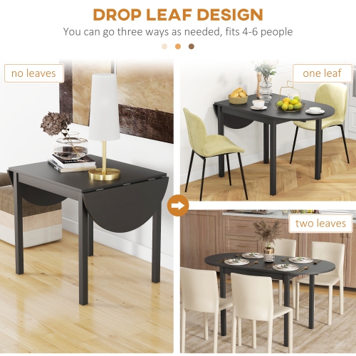 HOMCOM 55" Solid Wood Kitchen Table for 4-6 People, Oval Drop Leaf Tables for Small Spaces, Folding Dining Table, Black
