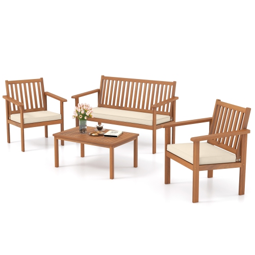 Gymax 4PCS Wood Furniture Set w/ Loveseat 2 Chairs & Coffee Table for Porch Patio White