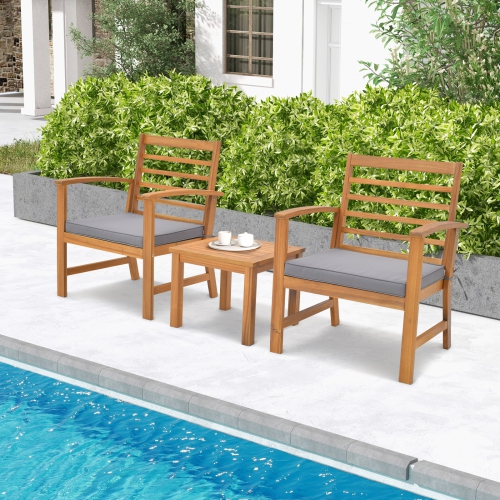 GYMAX  3PCs Furniture Set Acacia Wood Conversation Set W/ Soft Seat Cushions Outdoor In Gray