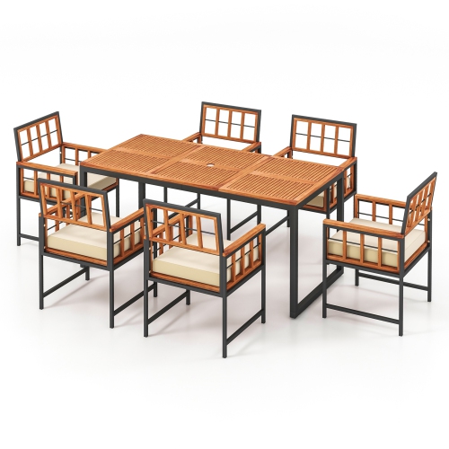 GYMAX  7PCs Dining Set Outdoor Acacia Wood Table W/ Soft Cushions Umbrella Hole Patio