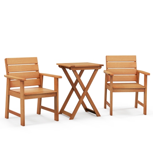 Gymax 3PCS Outdoor Wood Bistro Set w/ 2 Hardwood Chairs & Folding Bistro Table Patio