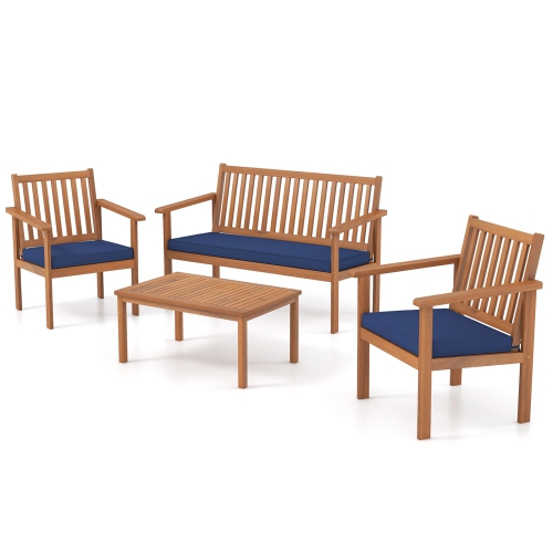 GYMAX  4PCs Wood Furniture Set W/ Loveseat 2 Chairs & Coffee Table for Porch Patio In Navy