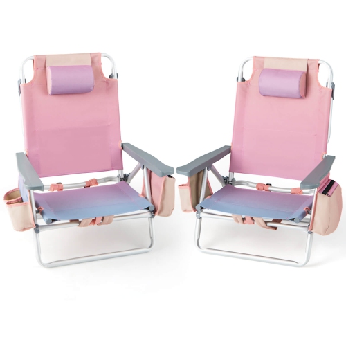 GYMAX  2PCs Folding Backpack Beach Chair 5-Position Outdoor Reclining Chairs W/ Pillow