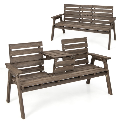 Gymax Outdoor Fir Wood Bench w/ Foldable Middle Table w/ Backrest & Armrests