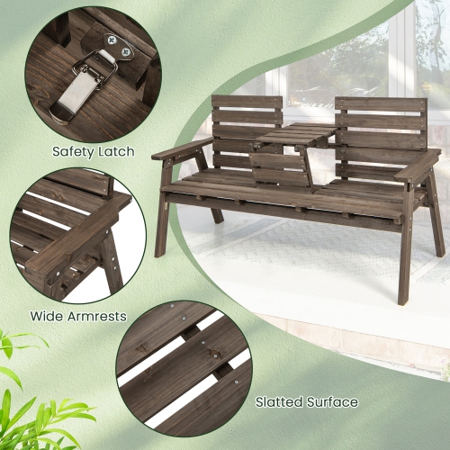 Gymax Outdoor Fir Wood Bench w/ Foldable Middle Table w/ Backrest & Armrests