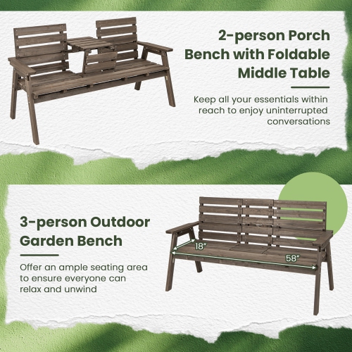 Gymax Outdoor Fir Wood Bench w/ Foldable Middle Table w/ Backrest & Armrests