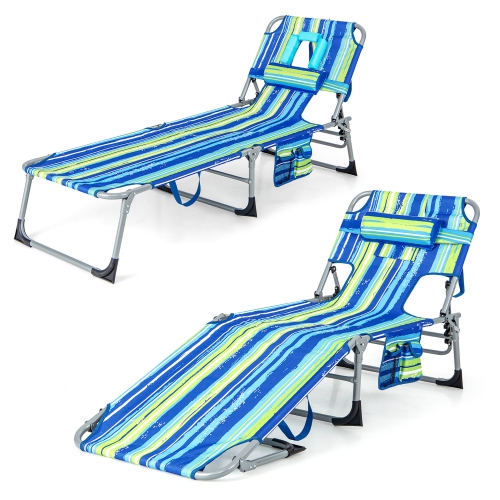GYMAX  2PCs Outdoor Beach Lounge Chair Folding Chaise Lounge W/ Pillow Blue & In Green