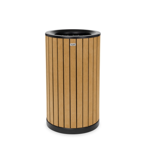 Alpine Industries Round, 32-Gallon Outdoor Trash Container with Slatted Recycled Plastic Panels - Cedar