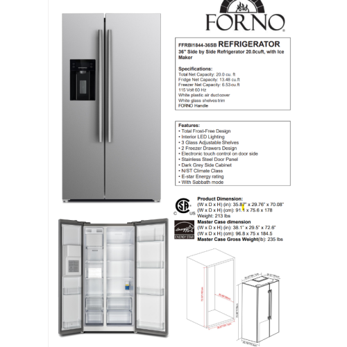 Réfrigérateur à congélateur juxtaposé de 36 po en acier inoxydable de Forno Salerno 20 pi³