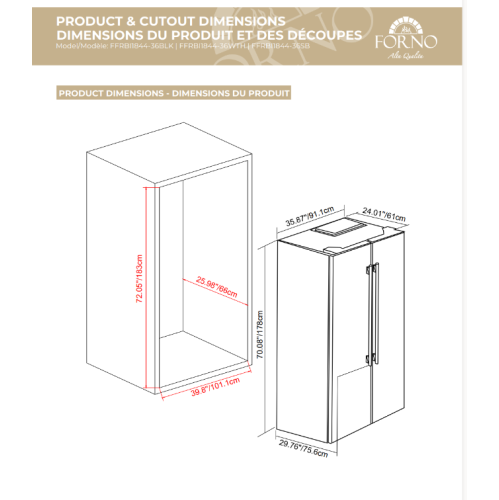 Réfrigérateur à congélateur juxtaposé de 36 po en acier inoxydable de Forno Salerno 20 pi³