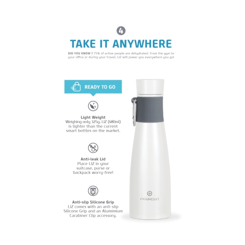 Noerden LIZ Smart Water Bottle 16 oz UV Self-Cleaning Sterilization Vacuum Insulated Stainless Steel, White