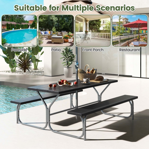 Costway 6 FT Picnic Table Bench Set Outdoor Dining Table & 2 Benches with Metal Frame