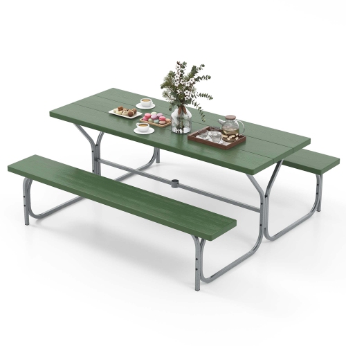 COSTWAY  6 Ft Picnic Table Bench Set Outdoor Dining Table & 2 Benches With Metal Frame