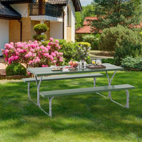 Costway 6 FT Picnic Table Bench Set Outdoor Dining Table & 2 Benches with Metal Frame