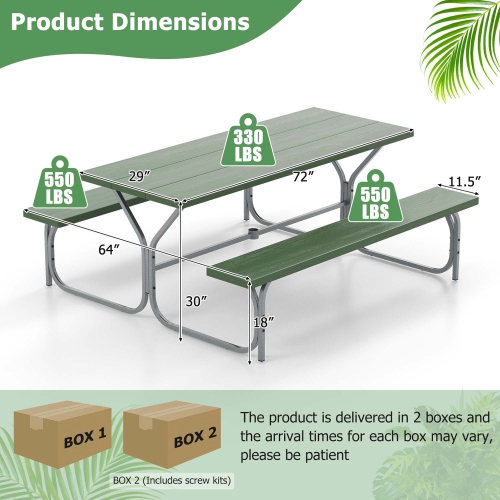 Costway 6 FT Picnic Table Bench Set Outdoor Dining Table & 2 Benches with Metal Frame