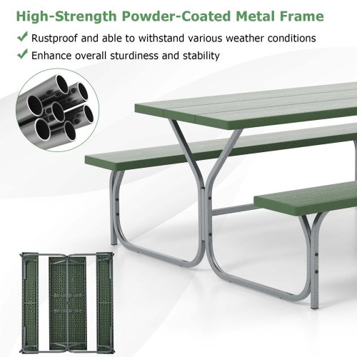 Costway 6 FT Picnic Table Bench Set Outdoor Dining Table & 2 Benches with Metal Frame