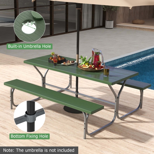 Costway 6 FT Picnic Table Bench Set Outdoor Dining Table & 2 Benches with Metal Frame