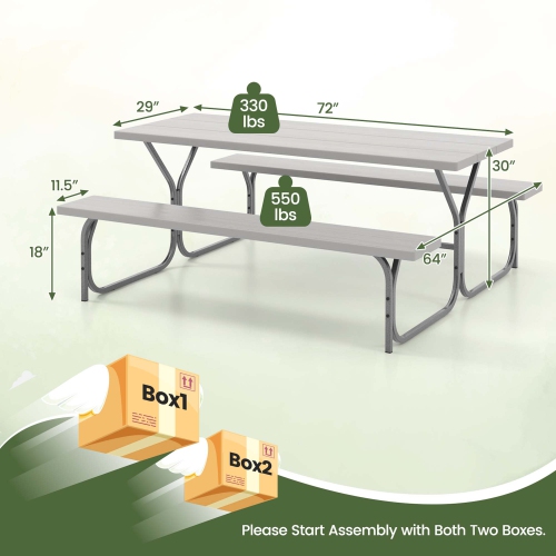 Costway 6 FT Picnic Table Bench Set Outdoor Dining Table & 2 Benches with Metal Frame