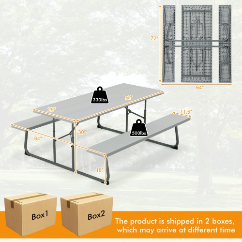 Costway Folding Picnic Table with 2 Benches All Weather Wood-like Tabletop Umbrella Hole