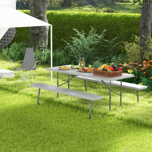 Costway Folding Picnic Table with 2 Benches All Weather Wood-like Tabletop Umbrella Hole