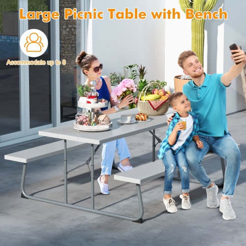 Costway Folding Picnic Table with 2 Benches All Weather Wood-like Tabletop Umbrella Hole