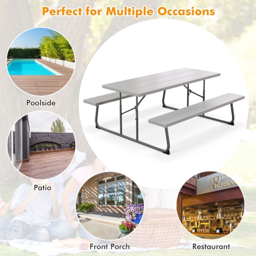 Costway Folding Picnic Table with 2 Benches All Weather Wood-like Tabletop Umbrella Hole