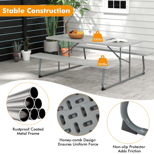 Costway Folding Picnic Table with 2 Benches All Weather Wood-like Tabletop Umbrella Hole