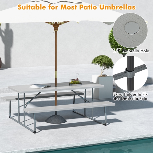 Costway Folding Picnic Table with 2 Benches All Weather Wood-like Tabletop Umbrella Hole