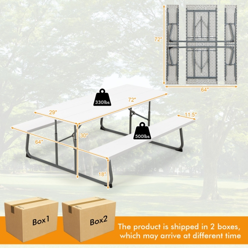 Costway Folding Picnic Table with 2 Benches All Weather Wood-like Tabletop Umbrella Hole