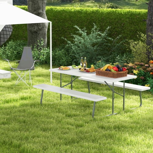 Costway Folding Picnic Table with 2 Benches All Weather Wood-like Tabletop Umbrella Hole