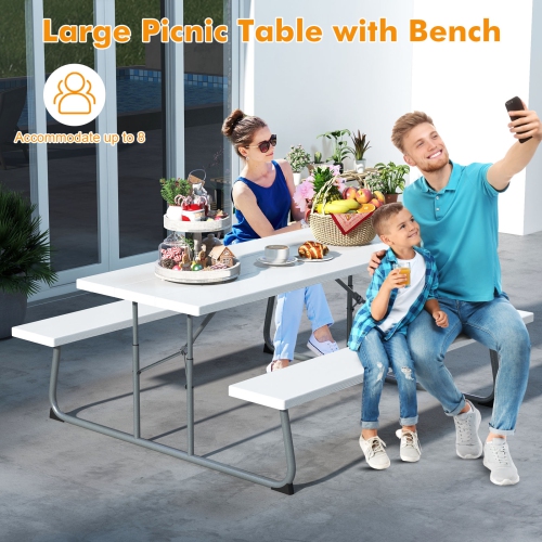 Costway Folding Picnic Table with 2 Benches All Weather Wood-like Tabletop Umbrella Hole