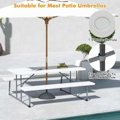 Costway Folding Picnic Table with 2 Benches All Weather Wood-like Tabletop Umbrella Hole