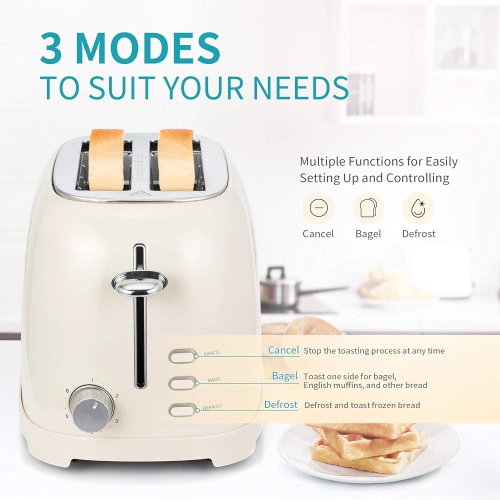 CROWNFUL 2-Slice Toaster, Extra Wide Slots Toaster, Retro Stainless Steel with Bagel, Cancel, Defrost, Reheat Function,White