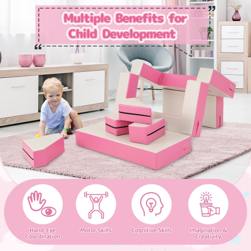 Costway Children Modular 6-Piece Combination Sofa Set with PU Leather Cover for Playroom