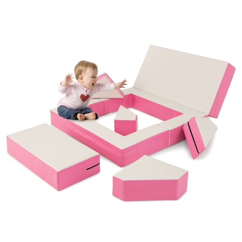 Costway Children Modular 6-Piece Combination Sofa Set with PU Leather Cover for Playroom
