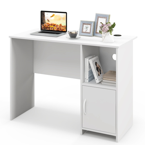 Costway Modern Computer Desk with Cabinet Cable Holes & Open Shelf Storage for Home Office
