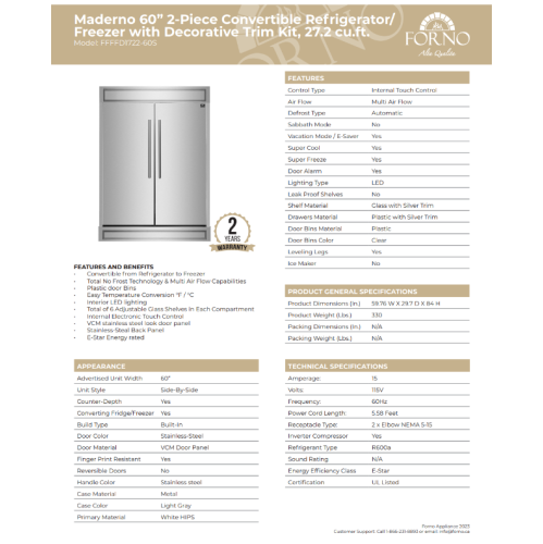 Forno MadPaderno – Réfrigérateur/congélateur convertible de 56 po, 2 pièces, 27,2 pi³