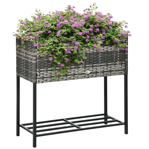 OUTSUNNY  Modern Elevated Metal Raised Garden Bed With Rattan Wicker Look, Underneath Tool Storage Rack, Mixed In Grey