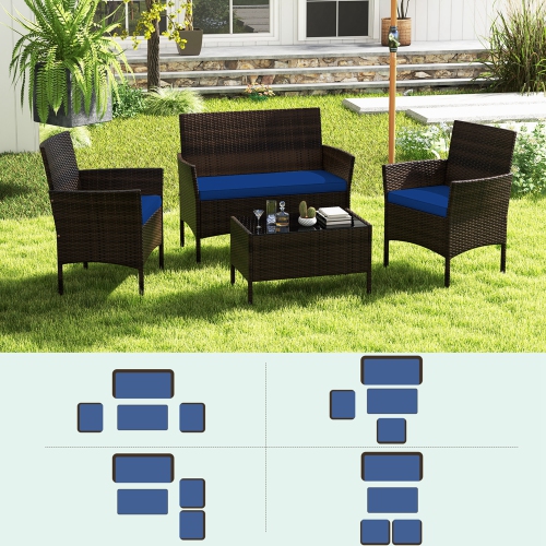 Costway 8 PCS Patio Furniture Set with Washable Cushions and Tempered Glass Coffee Table
