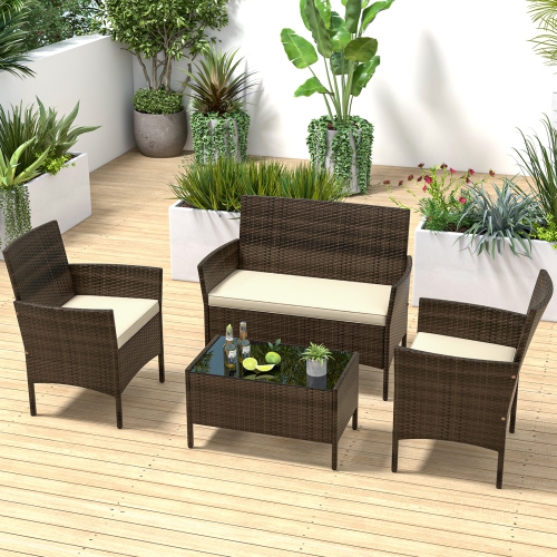 COSTWAY  4 PCs Patio Furniture Set With Washable Cushions And Tempered Glass Coffee Table