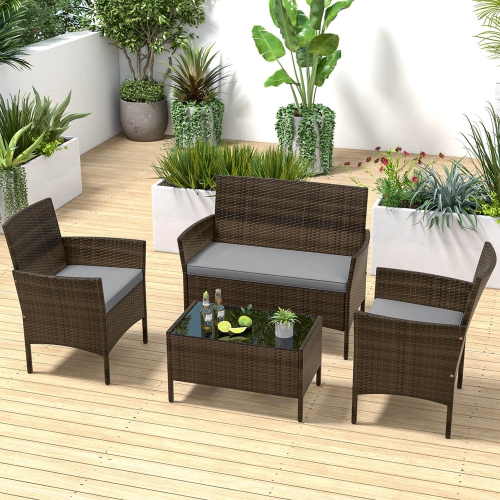 Costway 4 PCS Patio Furniture Set with Washable Cushions and Tempered Glass Coffee Table