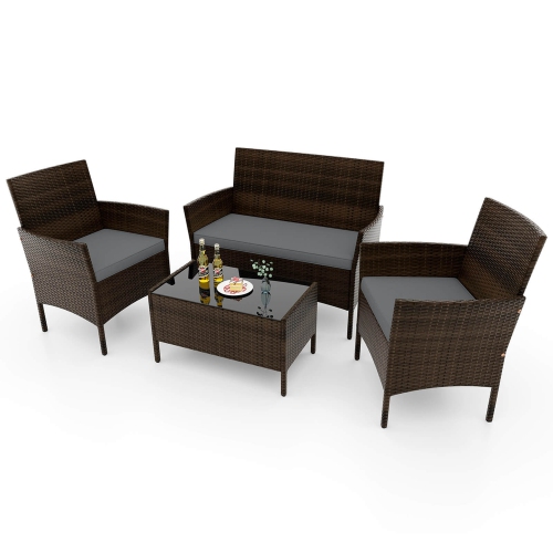 Costway 4 PCS Patio Furniture Set with Washable Cushions and Tempered Glass Coffee Table