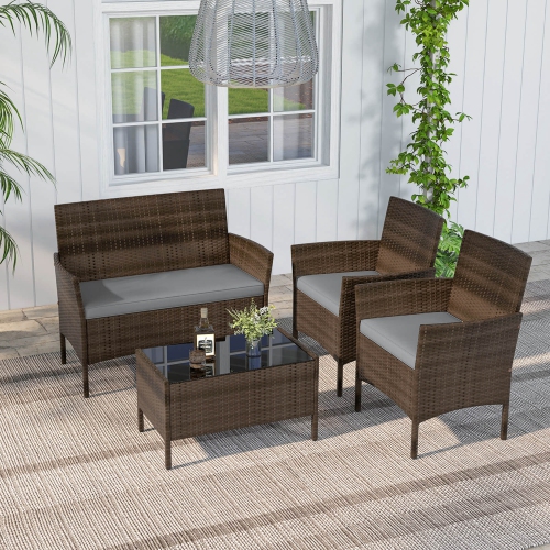 Costway 4 PCS Patio Furniture Set with Washable Cushions and Tempered Glass Coffee Table